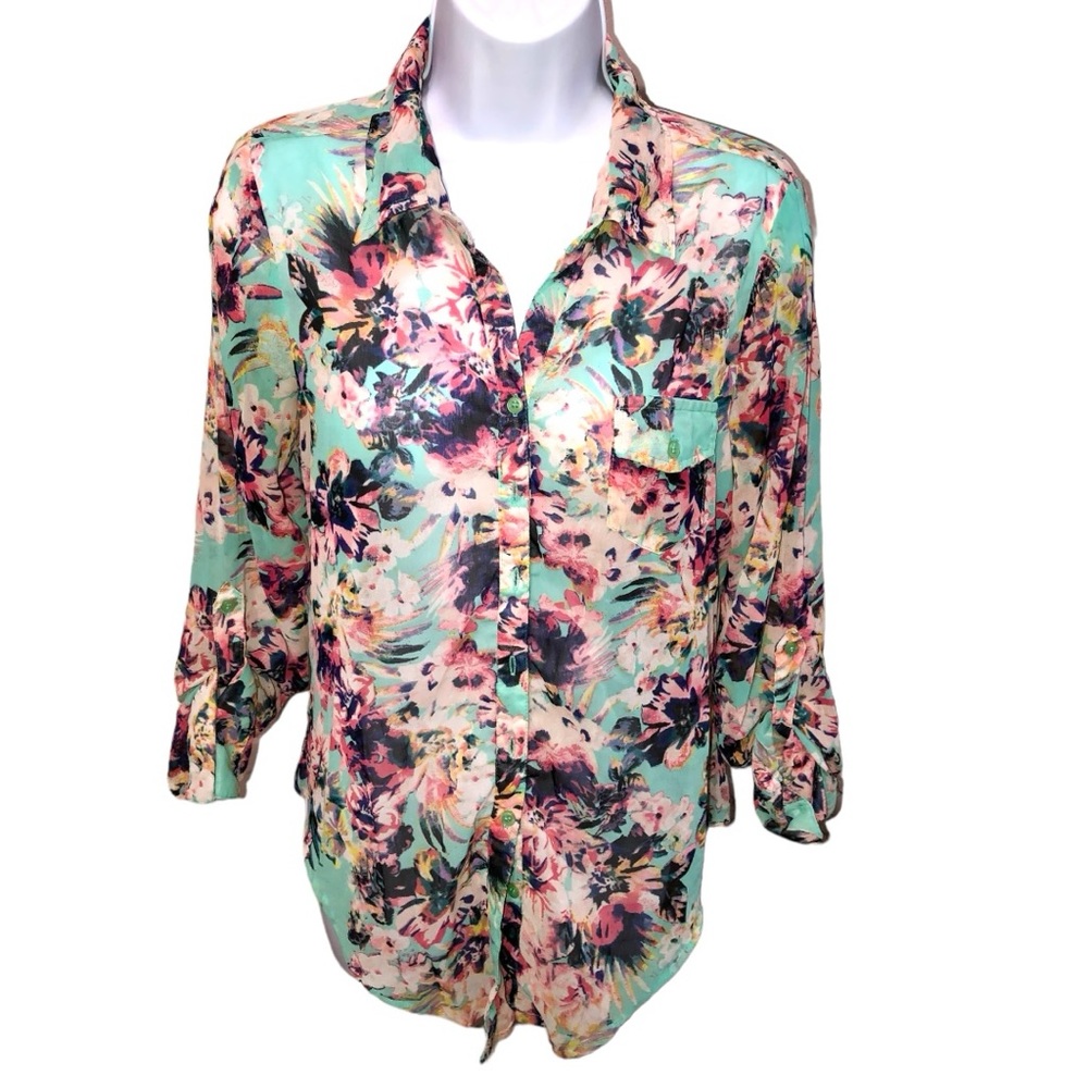 Women's Love Fire Multi Color Floral Roll Tab Sleeve Blouse Top - XS